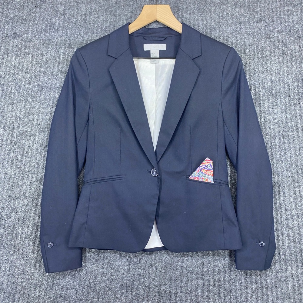 HM Womens Navy Blue Single Button Blazer Jacket Size 8 Notched Lapel Lined